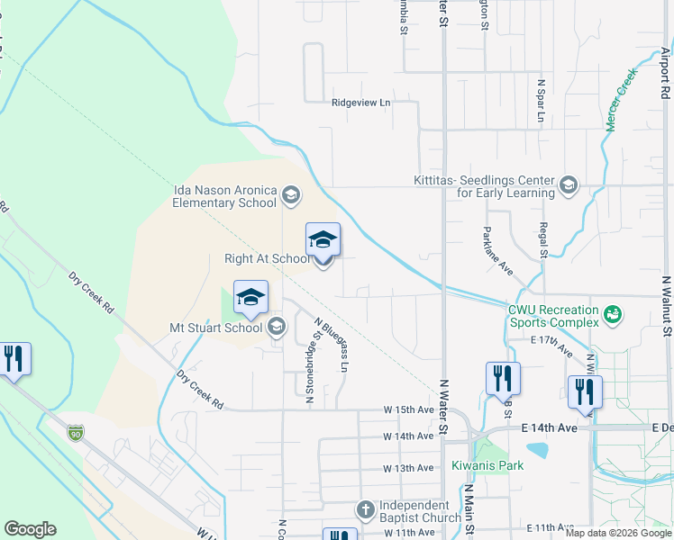 map of restaurants, bars, coffee shops, grocery stores, and more near 1906 Trails Edge Drive in Ellensburg