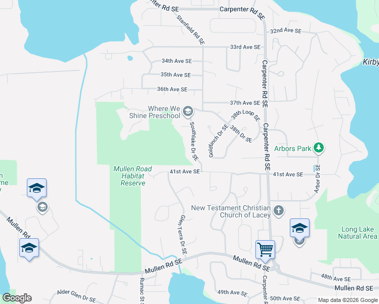 map of restaurants, bars, coffee shops, grocery stores, and more near 39 Southlake Drive Southeast in Lacey