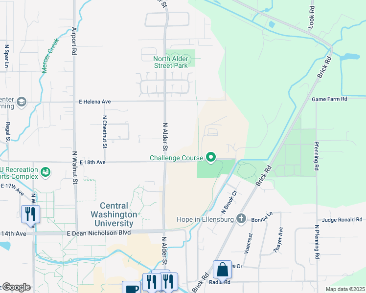 map of restaurants, bars, coffee shops, grocery stores, and more near 1900 North Alder Street in Ellensburg