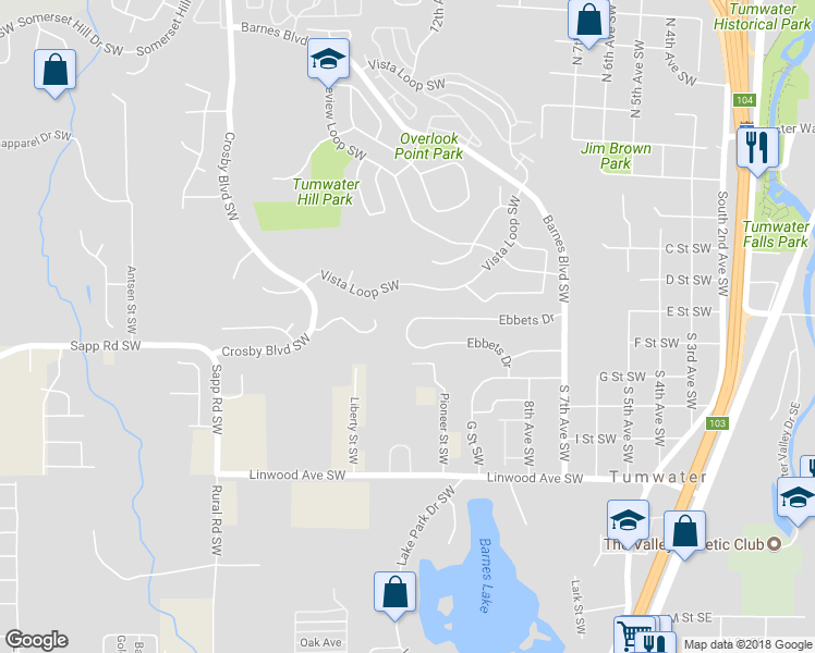 map of restaurants, bars, coffee shops, grocery stores, and more near 1130 Ebbets Drive Southwest in Olympia