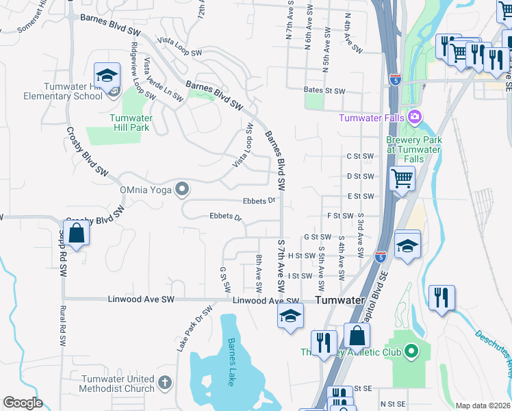 map of restaurants, bars, coffee shops, grocery stores, and more near 865 Ebbets Drive in Tumwater