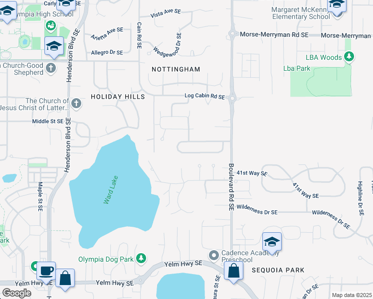 map of restaurants, bars, coffee shops, grocery stores, and more near 2419 Cedar Park Loop Southeast in Olympia