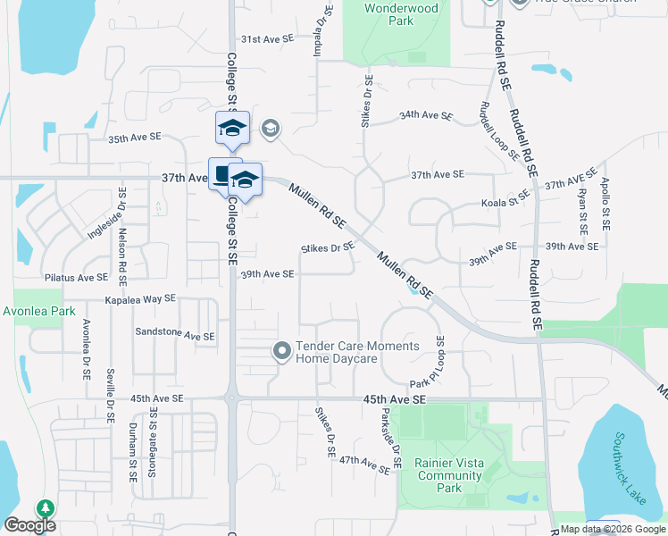 map of restaurants, bars, coffee shops, grocery stores, and more near 5102 39th Avenue Southeast in Lacey