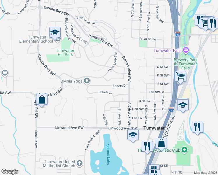 map of restaurants, bars, coffee shops, grocery stores, and more near 969 Ebbets Drive in Tumwater
