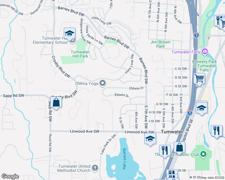 map of restaurants, bars, coffee shops, grocery stores, and more near 1045 Ebbets Drive in Tumwater