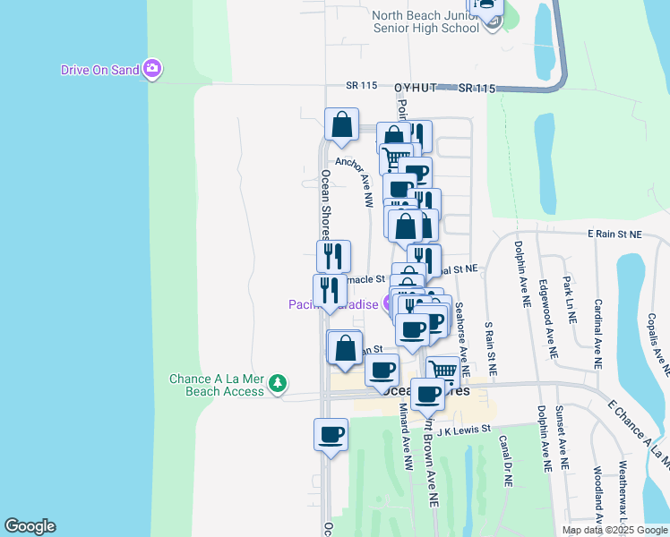 map of restaurants, bars, coffee shops, grocery stores, and more near 804 Ocean Shores Boulevard Northwest in Ocean Shores