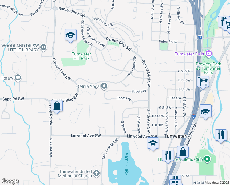 map of restaurants, bars, coffee shops, grocery stores, and more near 1061 Ebbets Drive in Tumwater
