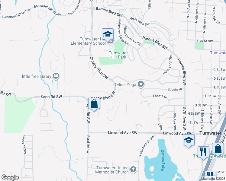 map of restaurants, bars, coffee shops, grocery stores, and more near 3769 Galenta Court Southwest in Olympia