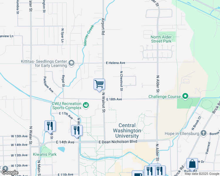 map of restaurants, bars, coffee shops, grocery stores, and more near 1902 North Walnut Street in Ellensburg