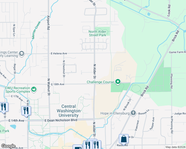 map of restaurants, bars, coffee shops, grocery stores, and more near 1018 East 19th Avenue in Ellensburg
