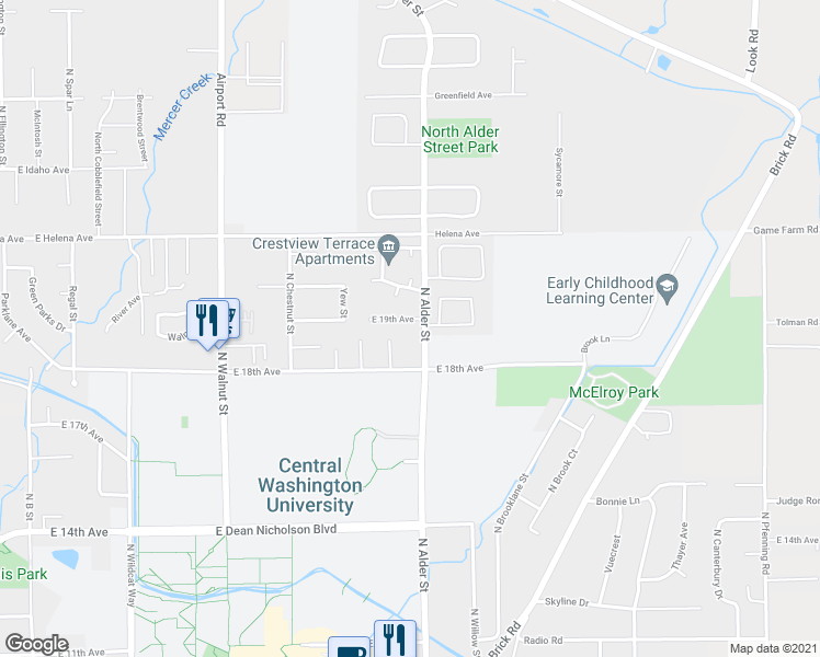 map of restaurants, bars, coffee shops, grocery stores, and more near 1018 East 19th Avenue in Ellensburg