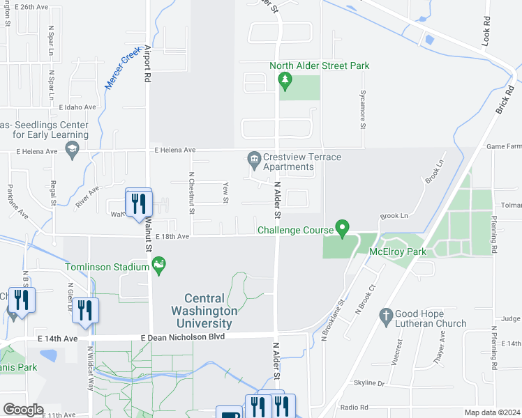 map of restaurants, bars, coffee shops, grocery stores, and more near 1018 East 19th Avenue in Ellensburg
