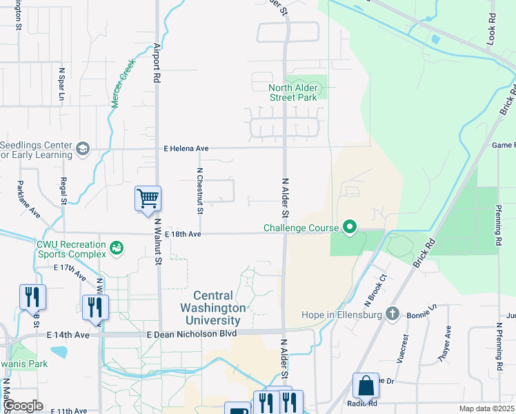 map of restaurants, bars, coffee shops, grocery stores, and more near 1002 East 19th Avenue in Ellensburg