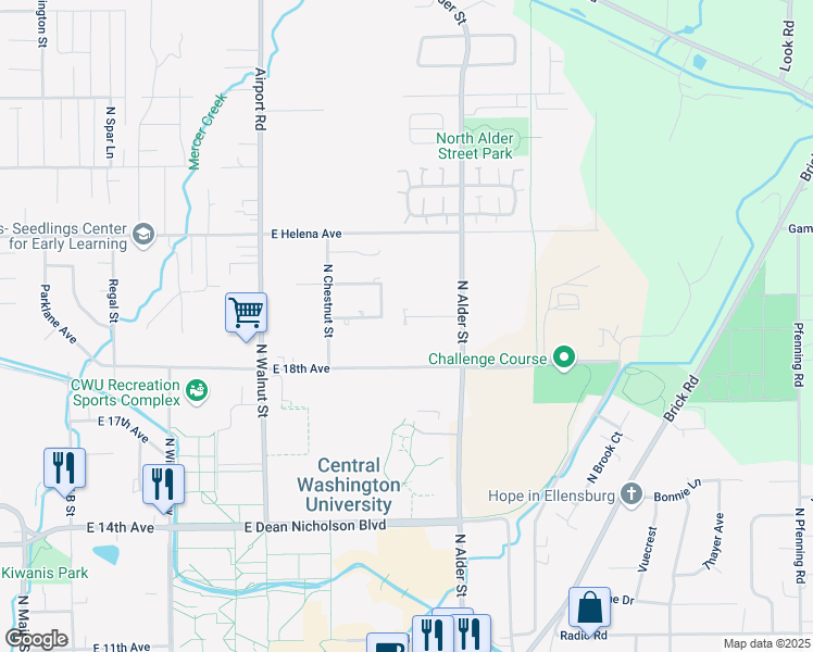 map of restaurants, bars, coffee shops, grocery stores, and more near 1002 East 19th Avenue in Ellensburg