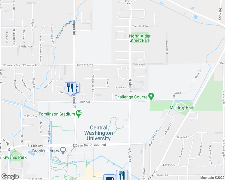 map of restaurants, bars, coffee shops, grocery stores, and more near 1002 East 19th Avenue in Ellensburg