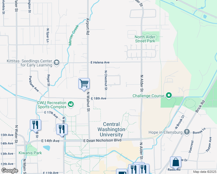 map of restaurants, bars, coffee shops, grocery stores, and more near 1907 North Chestnut Street in Ellensburg