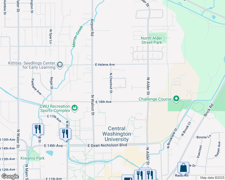 map of restaurants, bars, coffee shops, grocery stores, and more near 1907 North Chestnut Street in Ellensburg
