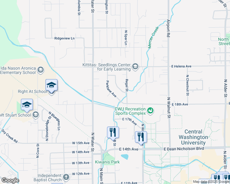 map of restaurants, bars, coffee shops, grocery stores, and more near 1900 Parklane Avenue in Ellensburg