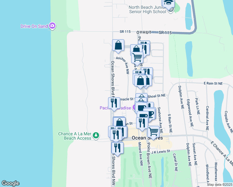 map of restaurants, bars, coffee shops, grocery stores, and more near 804 Ocean Shores Boulevard Northwest in Ocean Shores