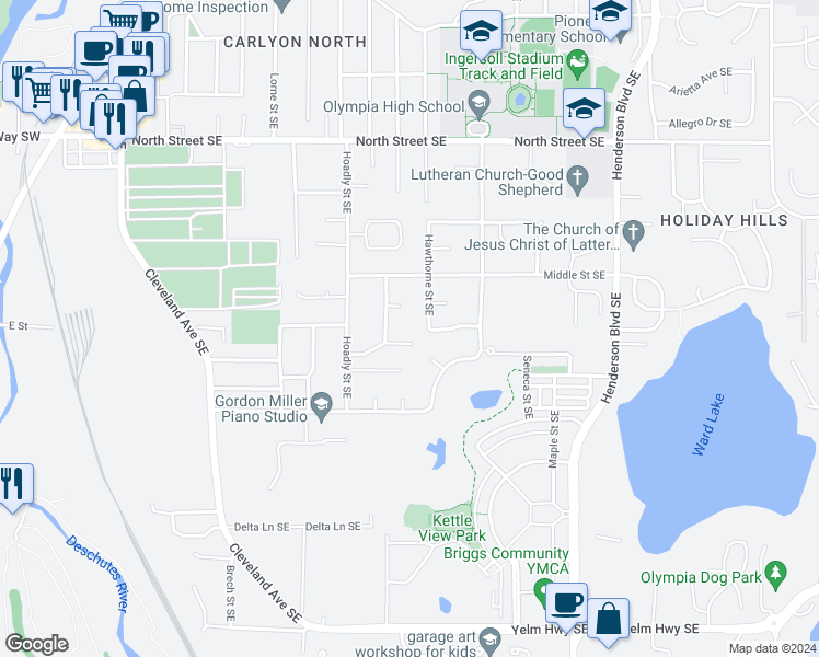 map of restaurants, bars, coffee shops, grocery stores, and more near 1054 Marshall Drive Southeast in Tumwater