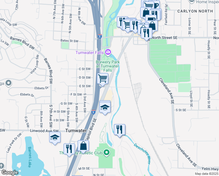 map of restaurants, bars, coffee shops, grocery stores, and more near 4833 E Street Southeast in Tumwater