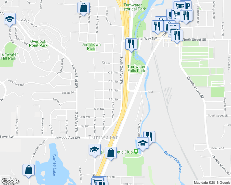 map of restaurants, bars, coffee shops, grocery stores, and more near 502 S 3rd Ave SW in Olympia