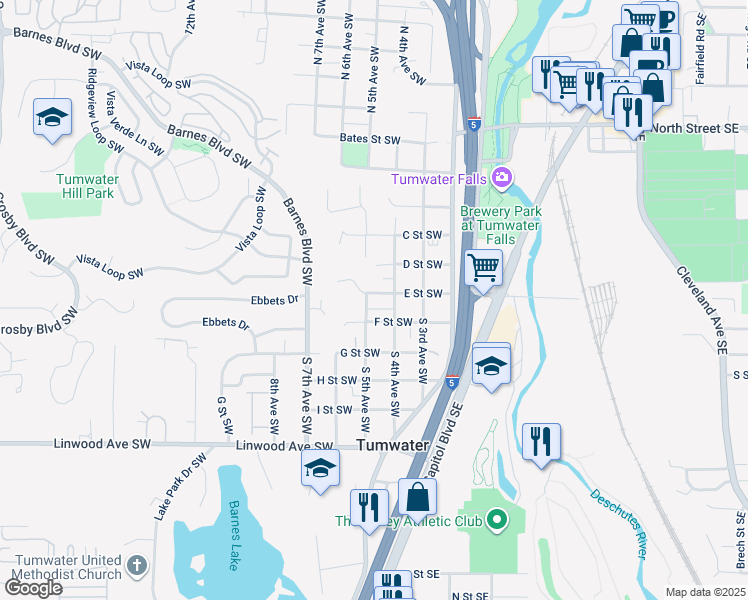 map of restaurants, bars, coffee shops, grocery stores, and more near 502 South 5th Avenue Southwest in Tumwater