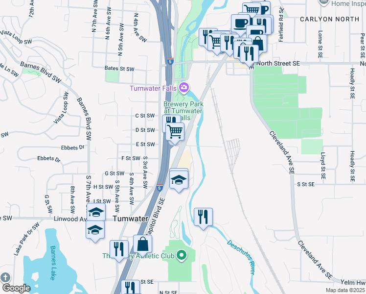 map of restaurants, bars, coffee shops, grocery stores, and more near 4833 E Street Southeast in Tumwater