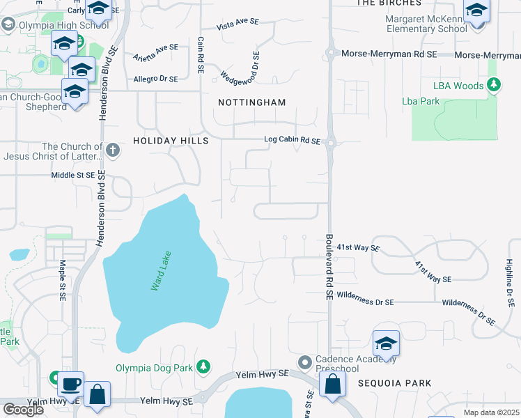map of restaurants, bars, coffee shops, grocery stores, and more near 2419 Cedar Park Loop Southeast in Olympia