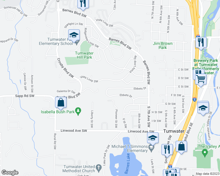 map of restaurants, bars, coffee shops, grocery stores, and more near 1094 Ebbets Drive Southwest in Tumwater