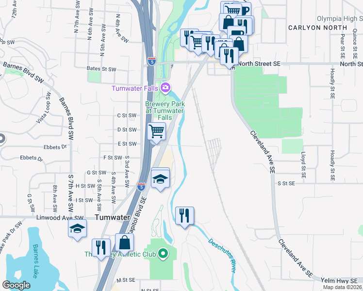 map of restaurants, bars, coffee shops, grocery stores, and more near E Street Southeast in Tumwater