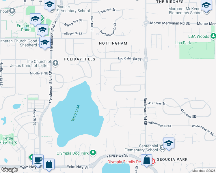 map of restaurants, bars, coffee shops, grocery stores, and more near 3902 Kingsbury Lane Southeast in Olympia