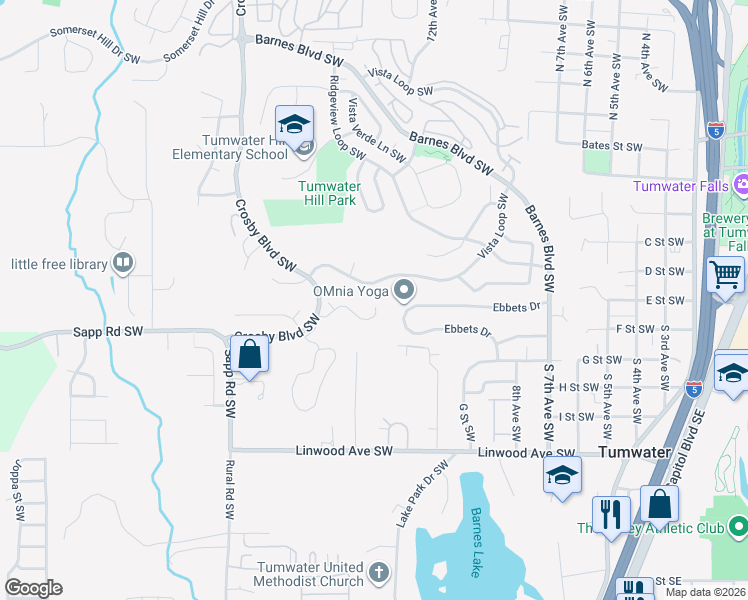 map of restaurants, bars, coffee shops, grocery stores, and more near 1658 View Point Court Southwest in Olympia