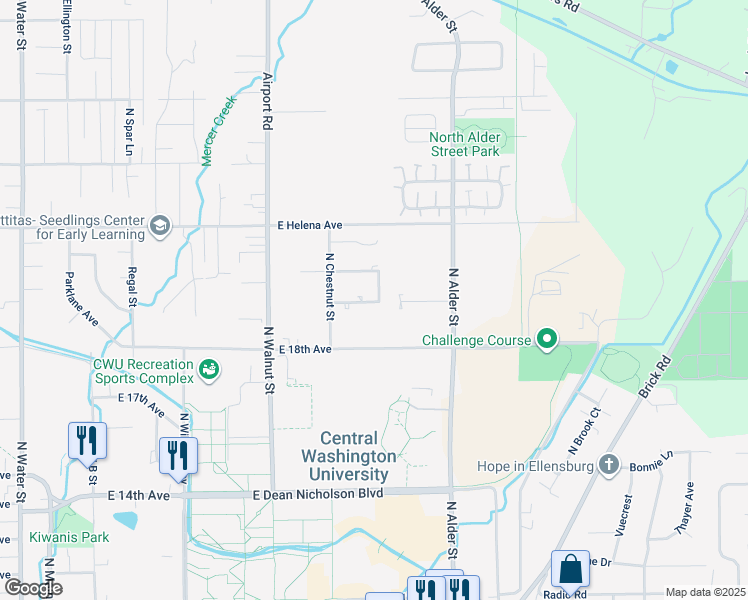 map of restaurants, bars, coffee shops, grocery stores, and more near 904 Juniper Avenue in Ellensburg