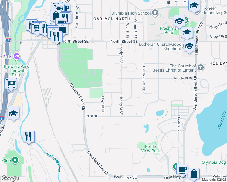 map of restaurants, bars, coffee shops, grocery stores, and more near 807 Barclift Lane Southeast in Tumwater
