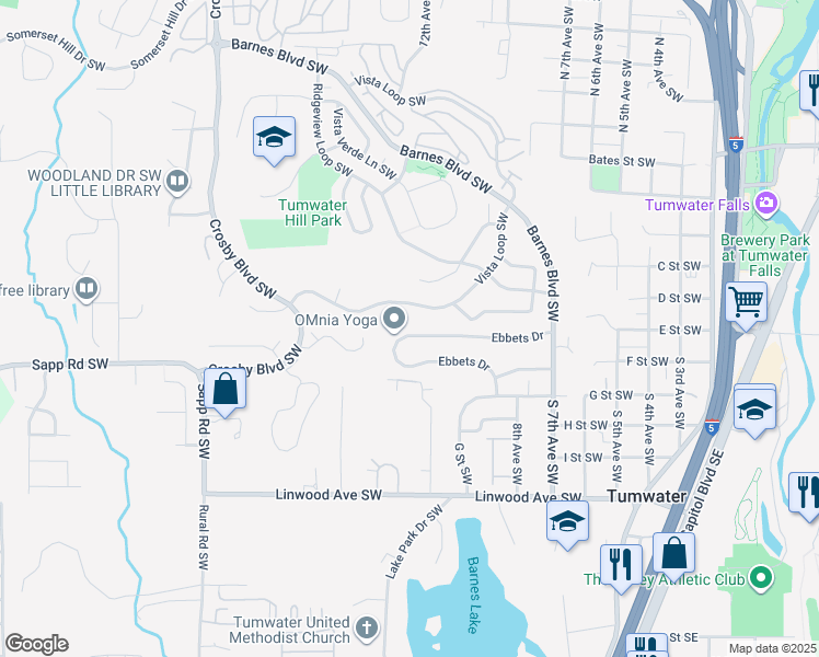 map of restaurants, bars, coffee shops, grocery stores, and more near 1190 Ebbets Drive in Tumwater