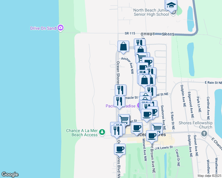 map of restaurants, bars, coffee shops, grocery stores, and more near 805 Ocean Shores Boulevard Northwest in Ocean Shores
