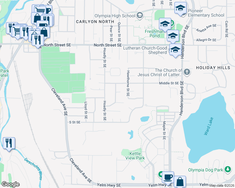 map of restaurants, bars, coffee shops, grocery stores, and more near 1054 Marshall Drive Southeast in Tumwater