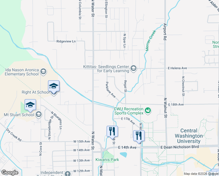 map of restaurants, bars, coffee shops, grocery stores, and more near 1900 Parklane Avenue in Ellensburg