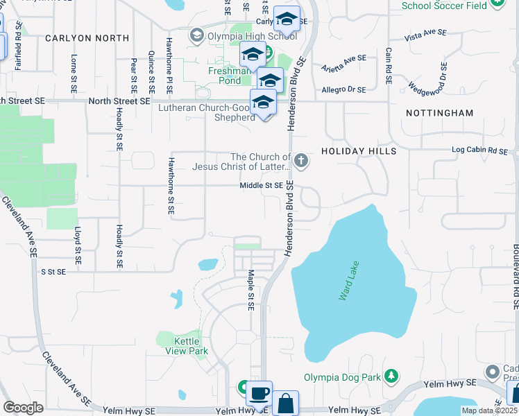 map of restaurants, bars, coffee shops, grocery stores, and more near 3915 Morton Court Southeast in Olympia
