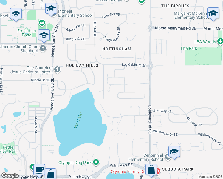 map of restaurants, bars, coffee shops, grocery stores, and more near 3902 Kingsbury Lane Southeast in Olympia