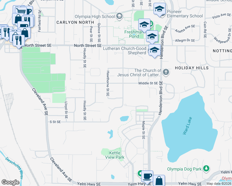 map of restaurants, bars, coffee shops, grocery stores, and more near 1125 40th Avenue Southeast in Tumwater