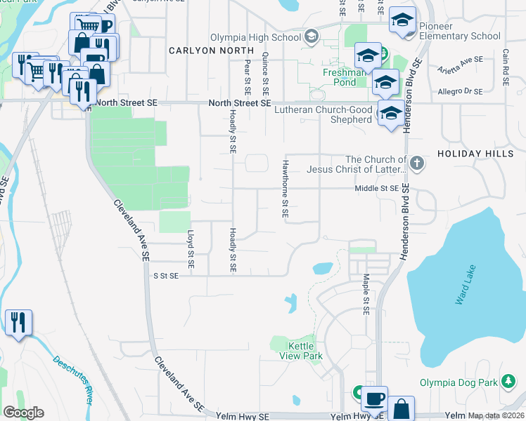 map of restaurants, bars, coffee shops, grocery stores, and more near 1054 Marshall Drive Southeast in Tumwater