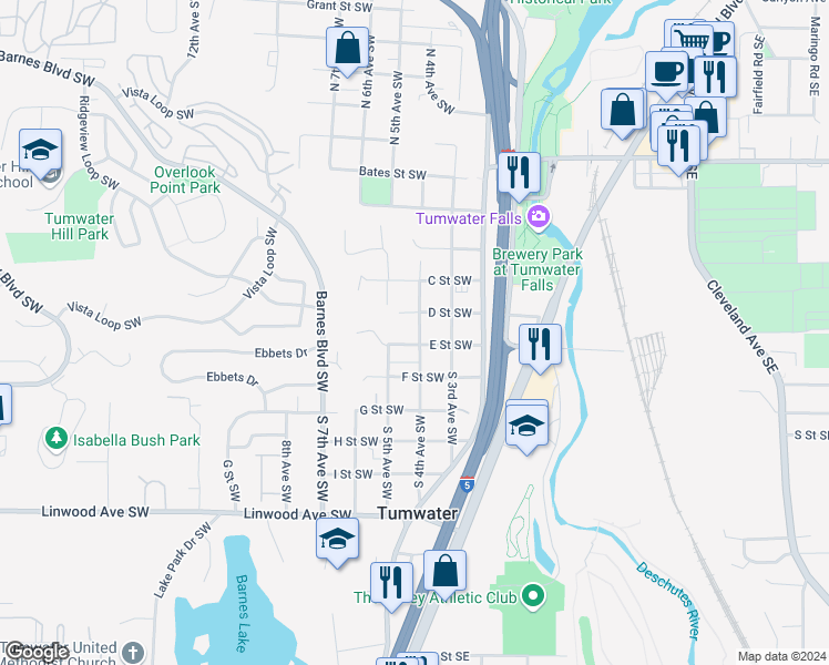 map of restaurants, bars, coffee shops, grocery stores, and more near 502 South 5th Avenue Southwest in Tumwater