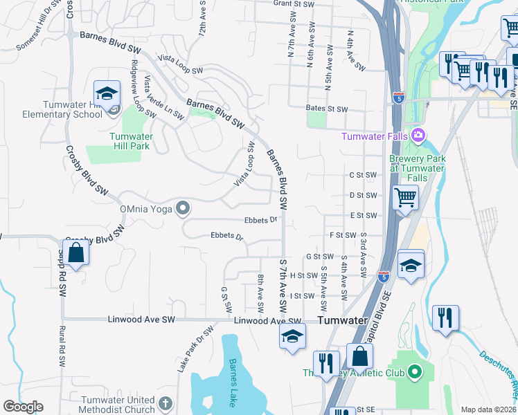 map of restaurants, bars, coffee shops, grocery stores, and more near 865 Ebbets Drive in Tumwater