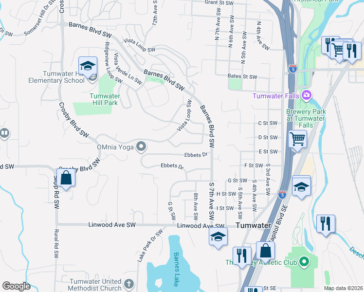 map of restaurants, bars, coffee shops, grocery stores, and more near 969 Ebbets Drive in Tumwater