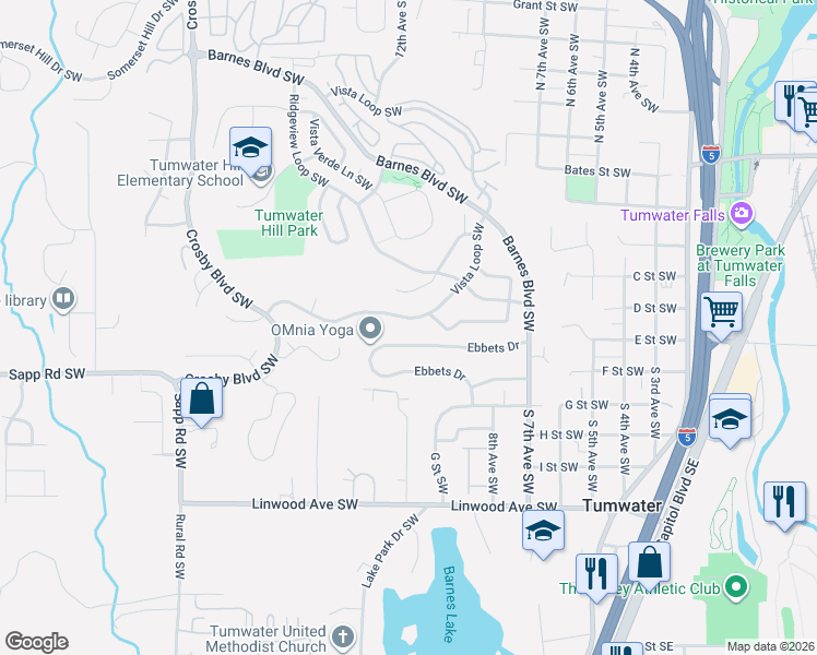 map of restaurants, bars, coffee shops, grocery stores, and more near 1045 Ebbets Drive in Tumwater