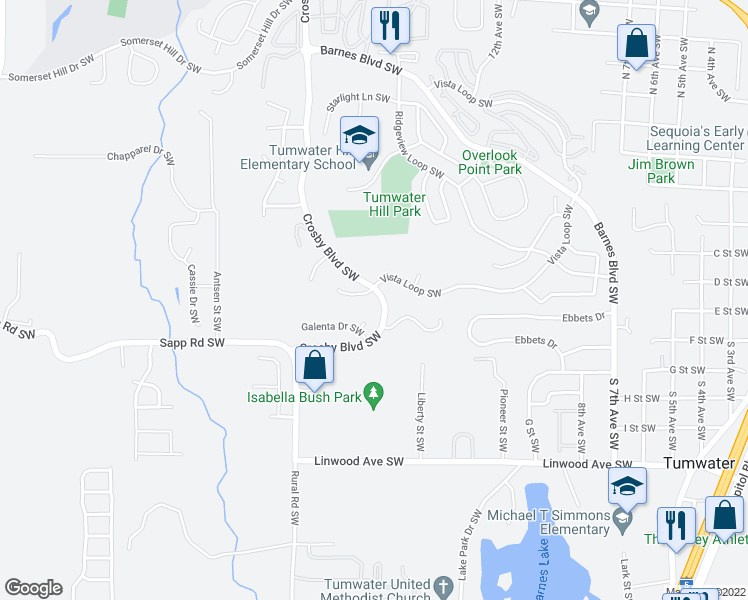 map of restaurants, bars, coffee shops, grocery stores, and more near 3769 Galenta Court Southwest in Olympia
