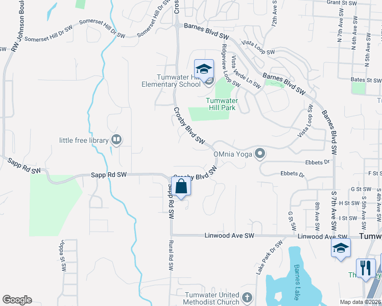 map of restaurants, bars, coffee shops, grocery stores, and more near 1910 Galenta Drive Southwest in Tumwater