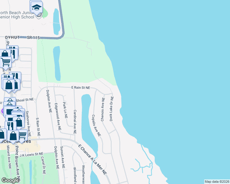 map of restaurants, bars, coffee shops, grocery stores, and more near 780 Duck Lake Drive Northeast in Ocean Shores
